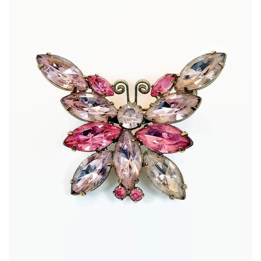 Vintage Butterfly Brooch, Rhinestones,  Pink, Gold Tone, Figural, Soldered